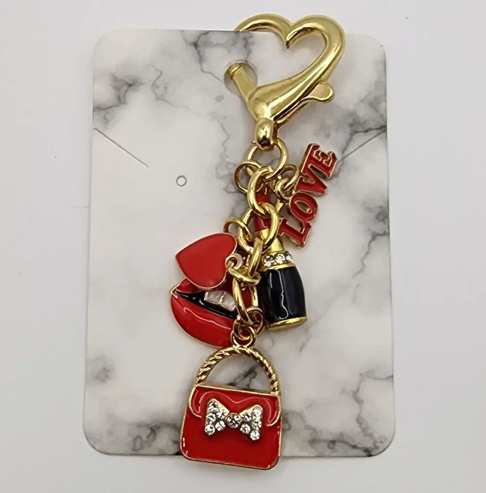 Red Enamel Bag Charm Keychain Lips Handbag Lipstick Love Rhinestones